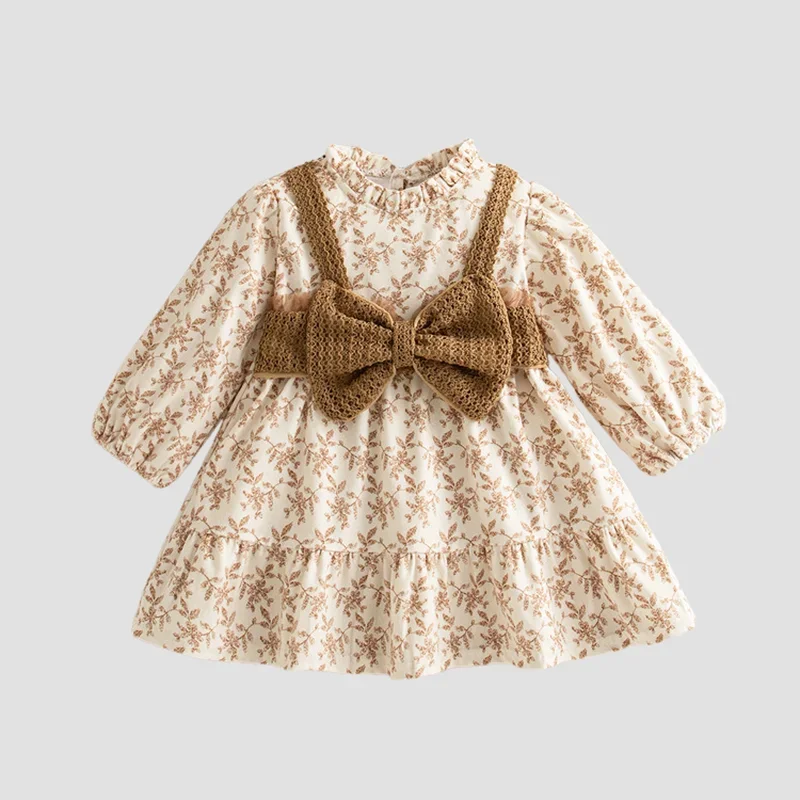 

Spring Autumn Toddler Girl Dress Korean Fashion Princess Dress Long Sleeve Fake Two Piece Floral Dress with Bowknot