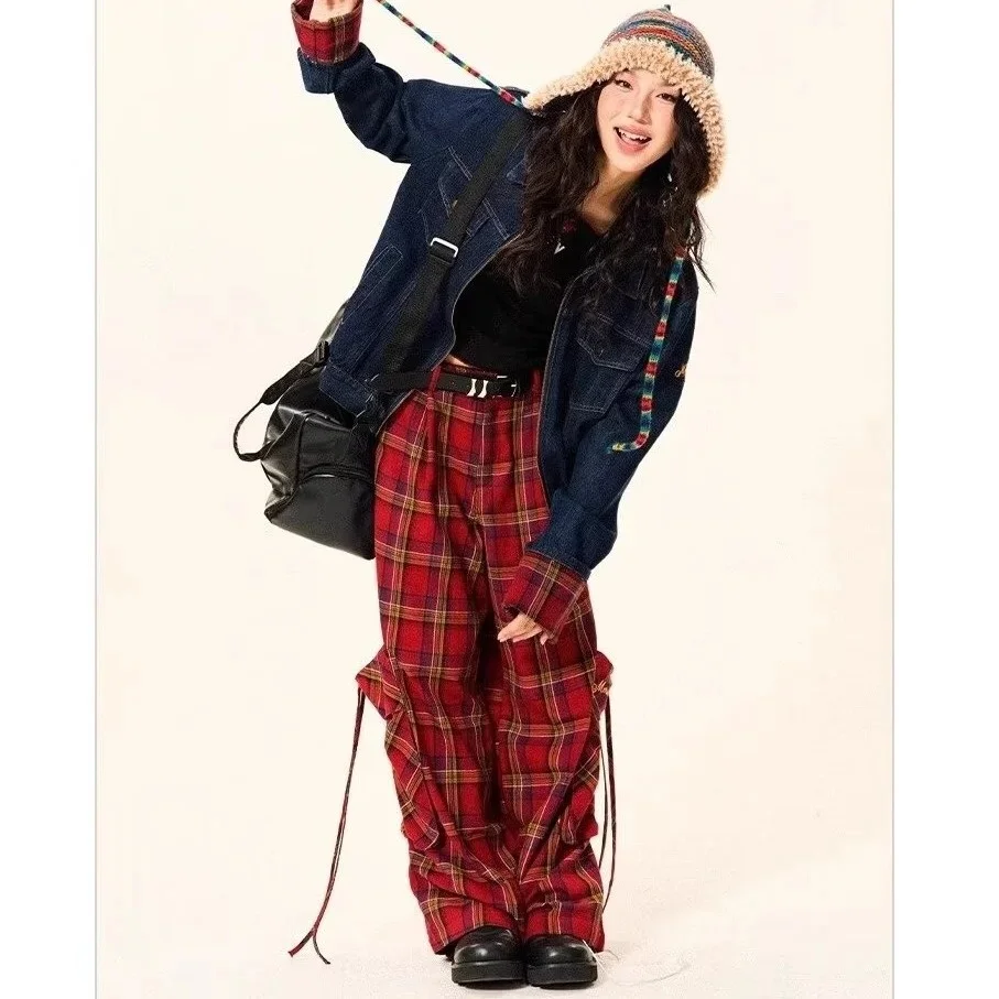 American Red Retro Checkered Korean Style Casual Pants for Women New Trendy Y2k Autumn Large Pocket Straight Leg Wide Leg Pants