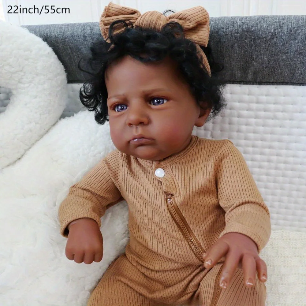 22 Inch Hand-Painted Realistic Baby Expression Resurrection Doll Deep Skin Color Curly Hair Collectible Ornament for Collectors