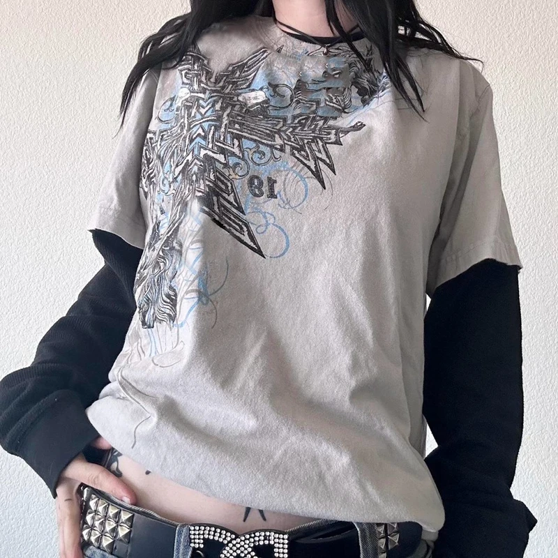 2000s Rare Skull Graphic Pullovers Tops Grunge Cyber Y2k Cross Print Layered T-shirt 90s Vintage Mall Goth Techwear Tees Women image 2