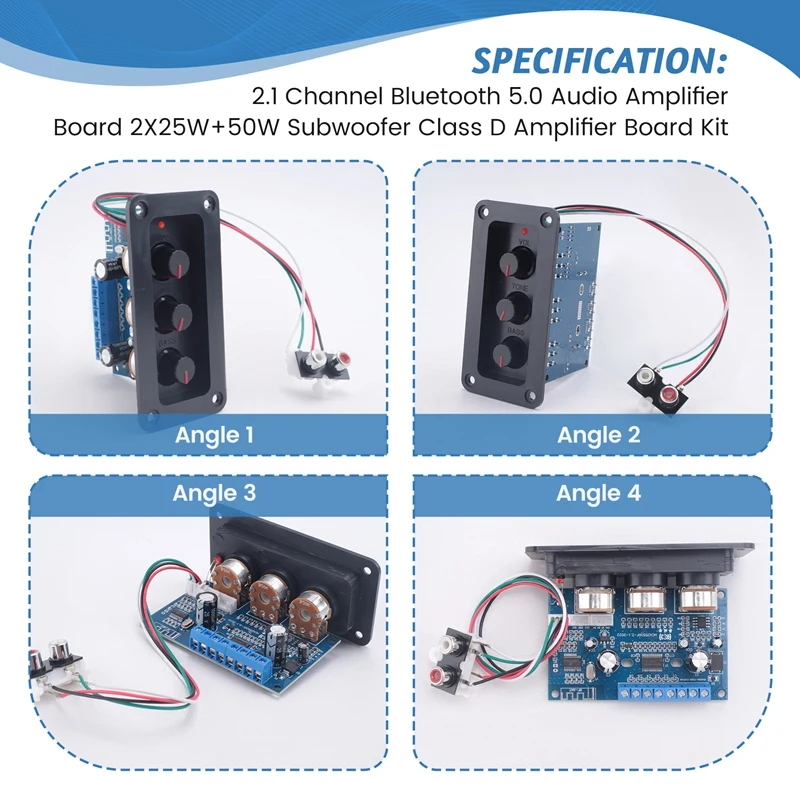 2.1 Channel Bluetooth 5.0 Audio Amplifier Board 2X25W+50W Subwoofer Class D Amplifier Board Kit with DC Female+AUX Cable-A22U