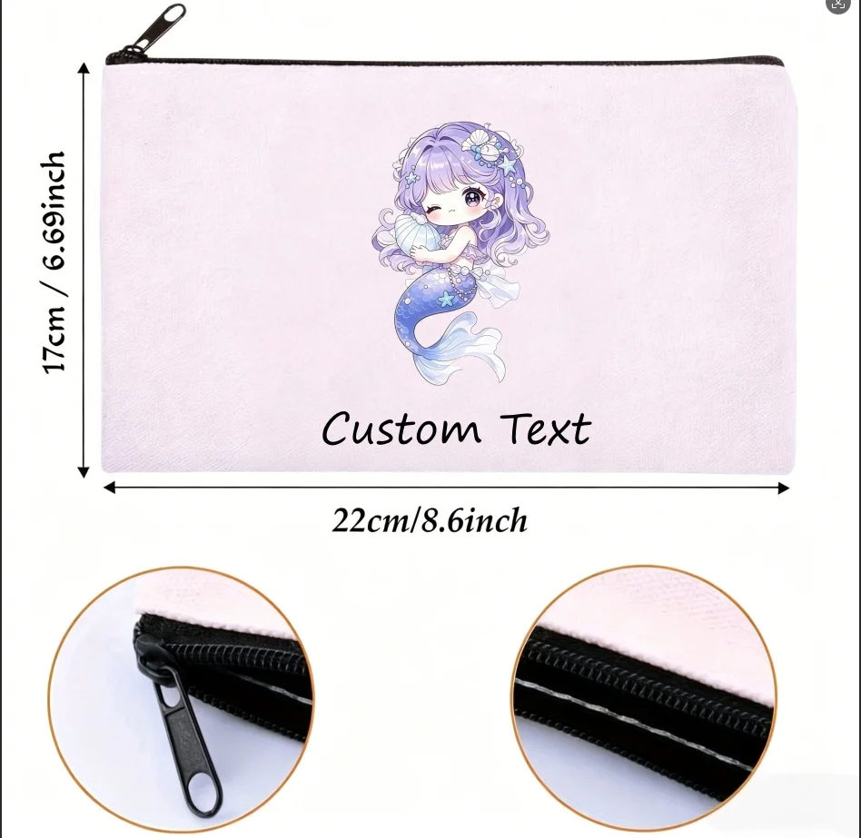 1PC Custom Text Purple‑Haired Mermaid Girl Canvas Cosmetic Bag Zipper Makeup Pouch Portable Travel Small‑Item Storage Purse