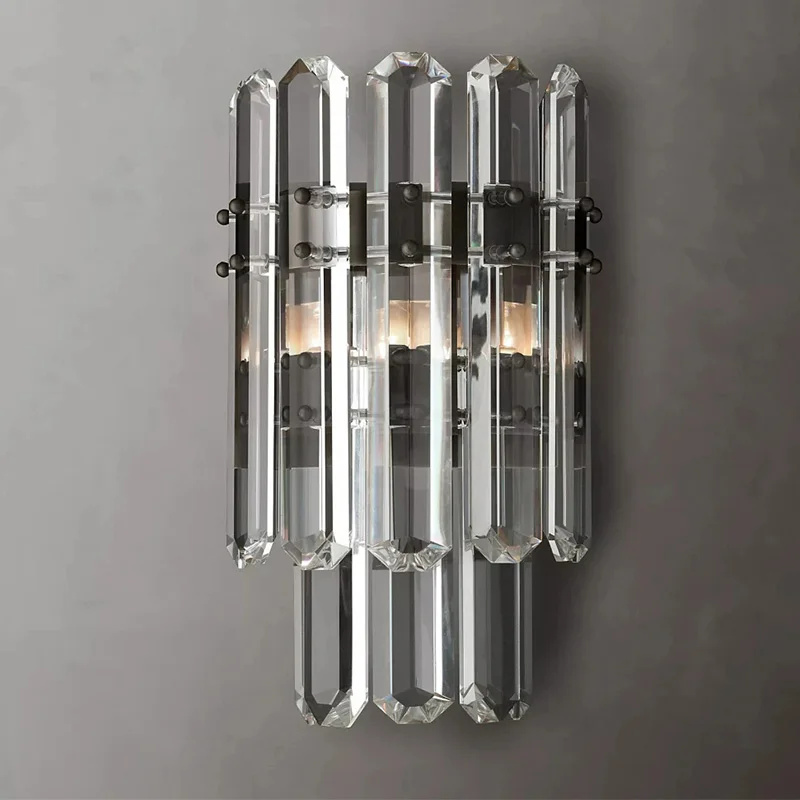 

American Modern Two Tiers Clear Crystal Metal Chrome Black Wall Lamp Living Room Bedroom Bathroom Aisle Art Deco Luxury Sconce