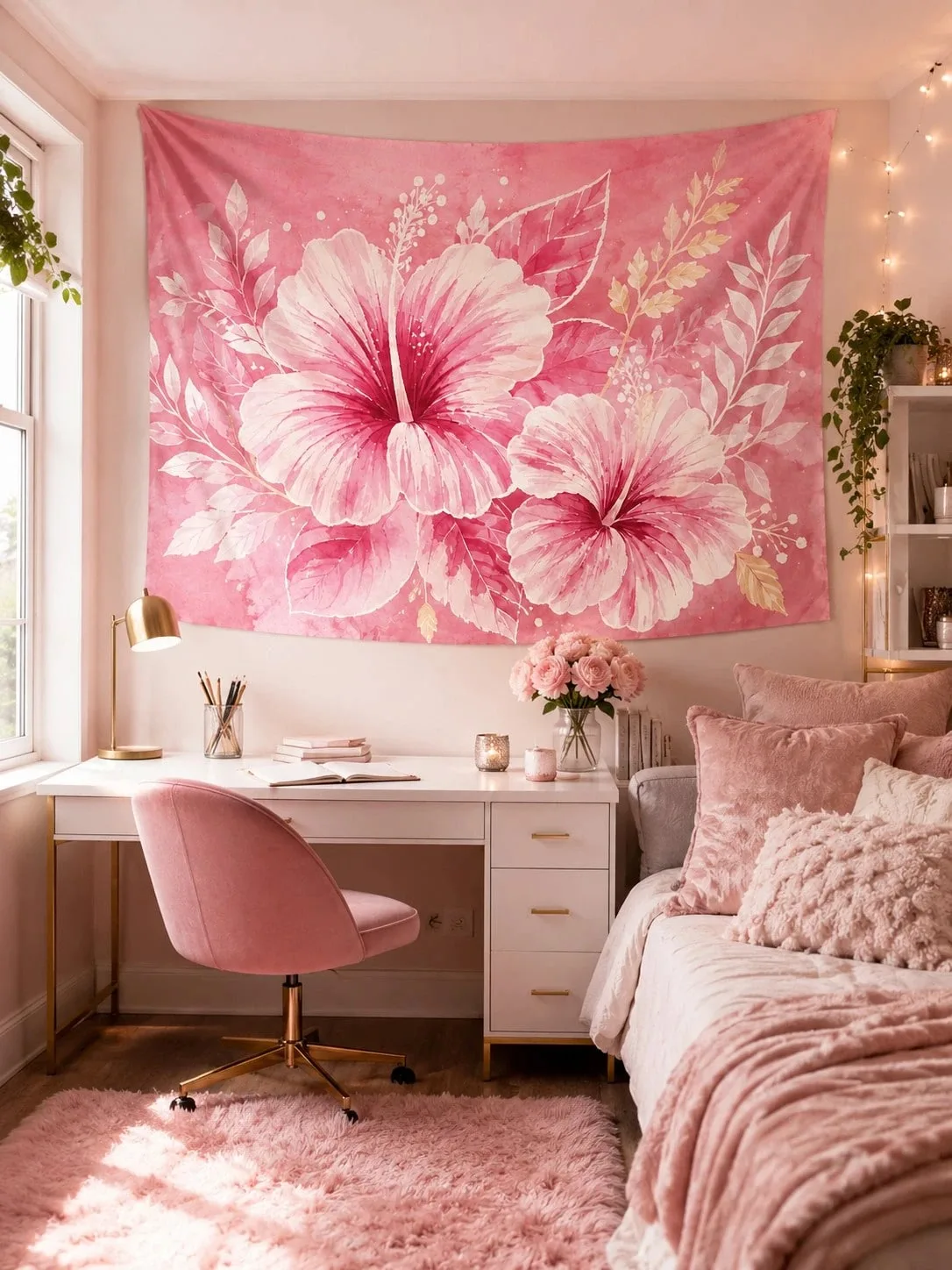 1pc Aesthetic Bedroom Wall Decor Tapestry, Polyester Pink Hibiscus Floral,For University Dormitories, Bedrooms, Living Rooms
