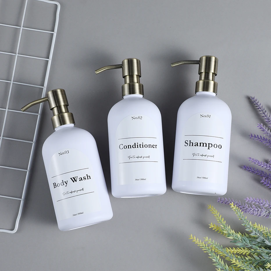 3pcs White Refillable Empty Bottle Kitchen Soap Dispenser Set Shampoo Conditioner Body Wash Dispenser with Stainless Steel Pump【