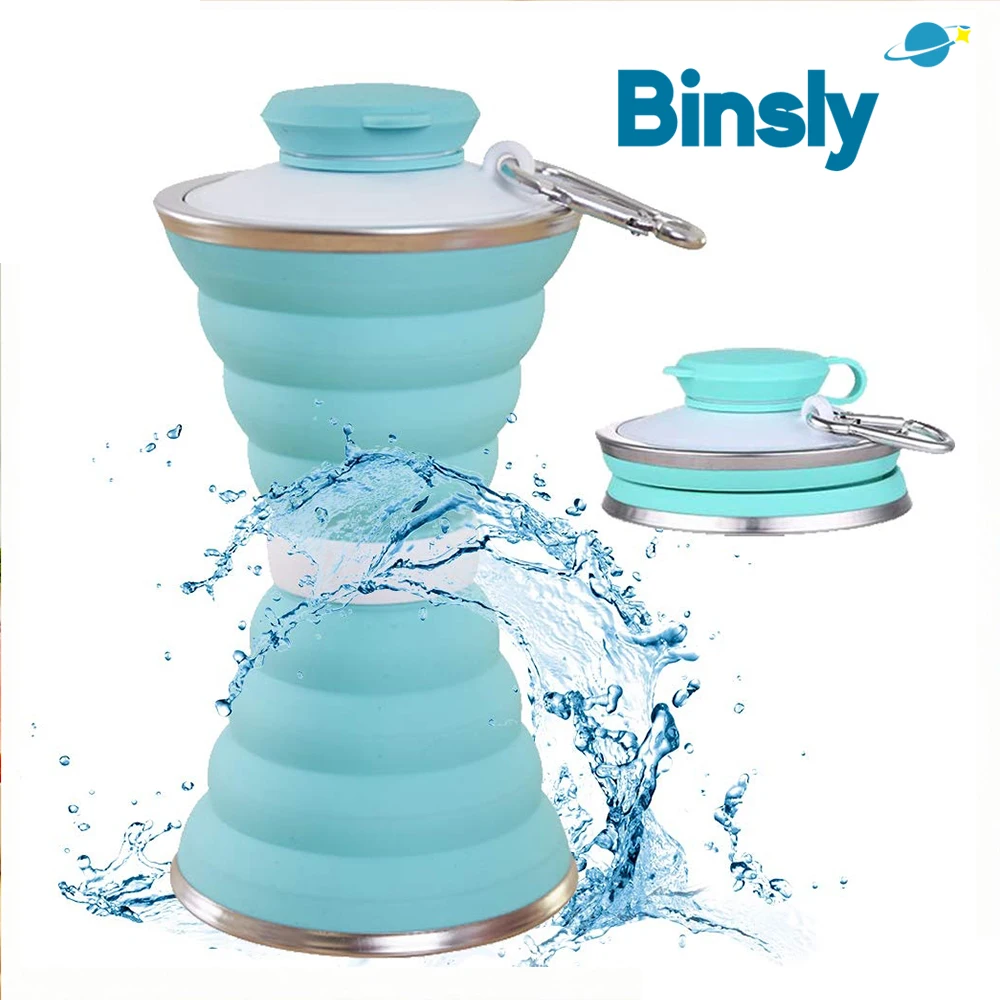 カラビナ付き折りたたみ式カップ 500ml 折りたたみ式シリコンボトル アウトドア旅行用 携帯用漏れ防止シリコンウォーターボトル