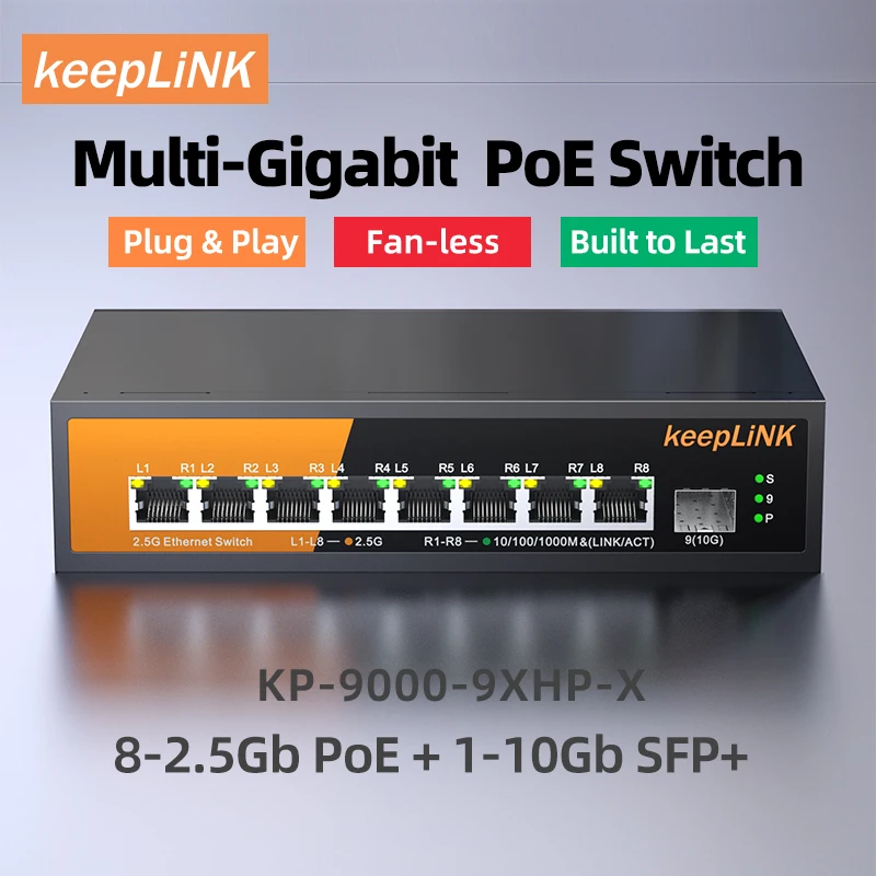 9-portowy przełącznik multigigabitowy KeepLiNK z 8-portowym przełącznikiem Ethernet 2,5 Gb PoE i 1-portowym łącznikiem Uplink 10 Gb SFP+