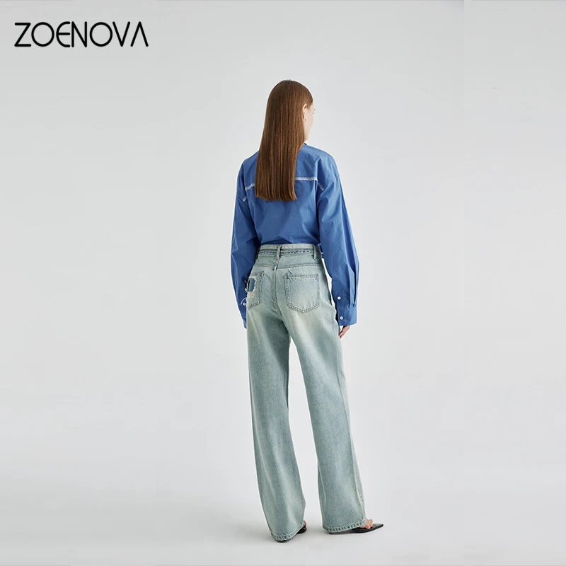 ZOENOVA Spring Fashion New Nostalgic Women's Jeans Retro Casual Straight Wide Leg Pants American Street Ripped Denim Trousers