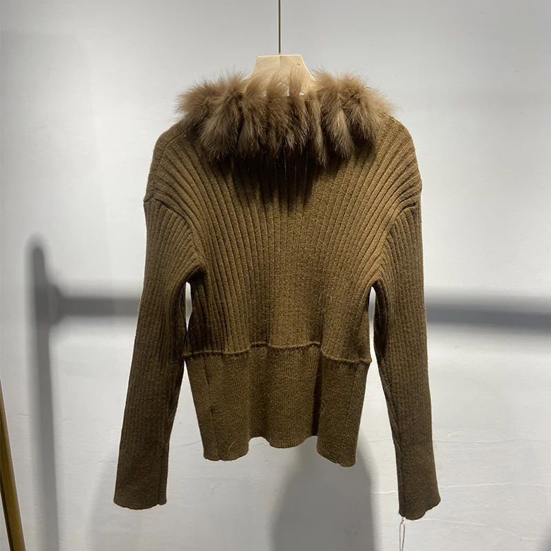 2025 رائجة البيع تصميم جديد جميل القهوة النساء الشتاء فرو الثعلب الحقيقي سميكة الحياكة الفتاة الفاخرة ضئيلة سترة سترة معطف