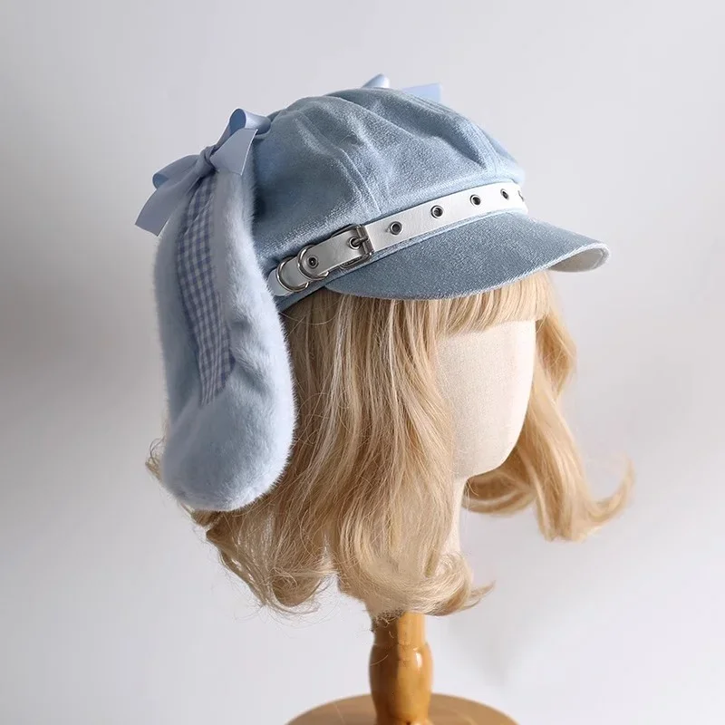 Japanese New Women Watercolor Plaid Rabbit Hat Harajuku Lolita Subculture Beret Y2K Punk Cute Decorative Girl Sun hats