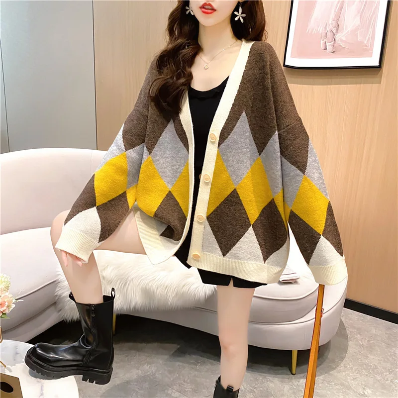 Autumn Knitted Cardigan Women Japanese Loose Oversized Plaid Top Coat Jacket V-neck Single-breasted Sweater Mujer Coat Women