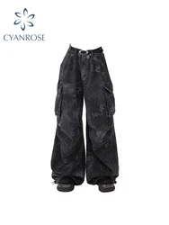 Women Black Gothic Y2k Cargo Jeans Oversize Print Denim Trouser Vintage Japanese 2000s Style Baggy Jean Pants Emo Trashy Clothes