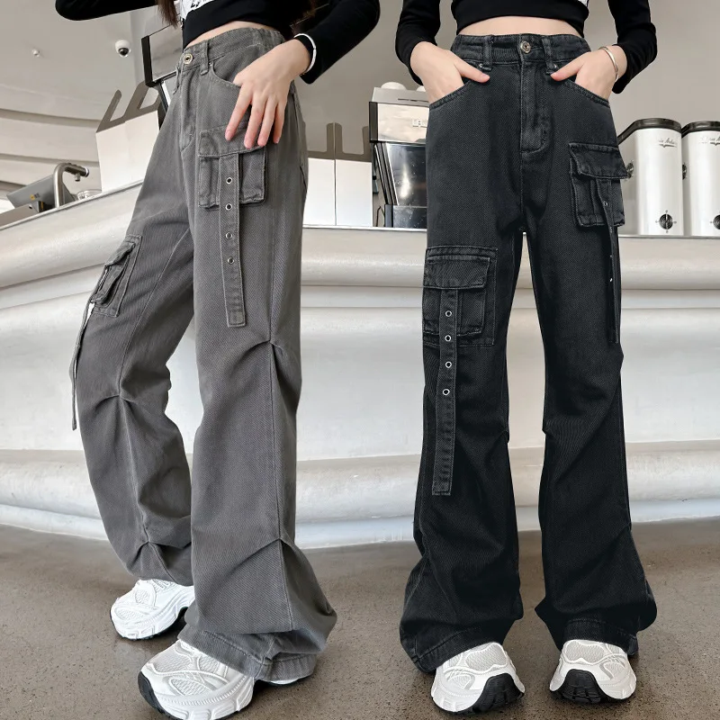 Primavera otoño nuevas niñas americanas pantalones vaqueros Cargo adolescentes fritos calle pantalones acampanados ajustados pantalones de campana fregona pantalones Retro