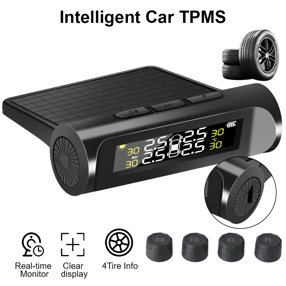 ليس بالطاقة الشمسية، نظام مراقبة ضغط الإطارات TPMS للسيارة، مجموعة إنذار أمان المركبات، 4 أجهزة استشعار، شاشة ديجيتال