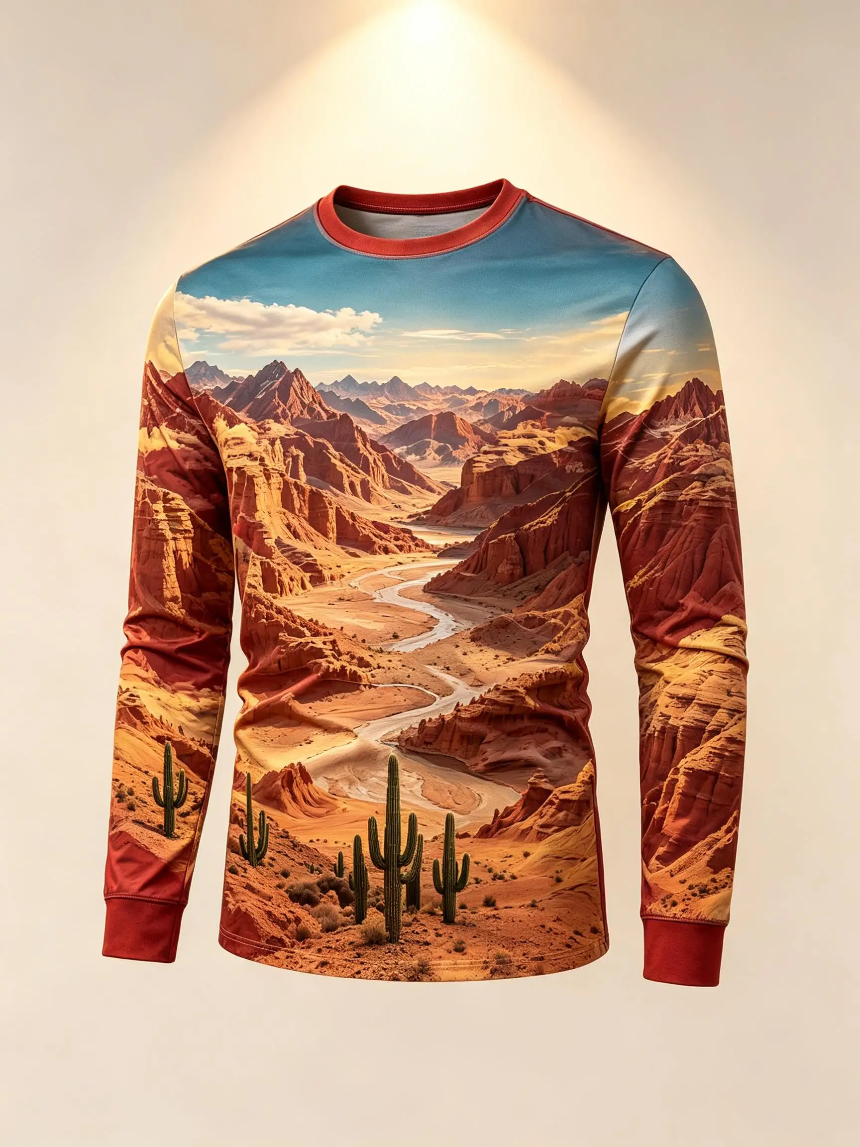 Vintage Southwest Desert Canyon Saguaro Cactus Landscape Graphic Long Sleeve Tee, Men Polyester Wilderness Shirt