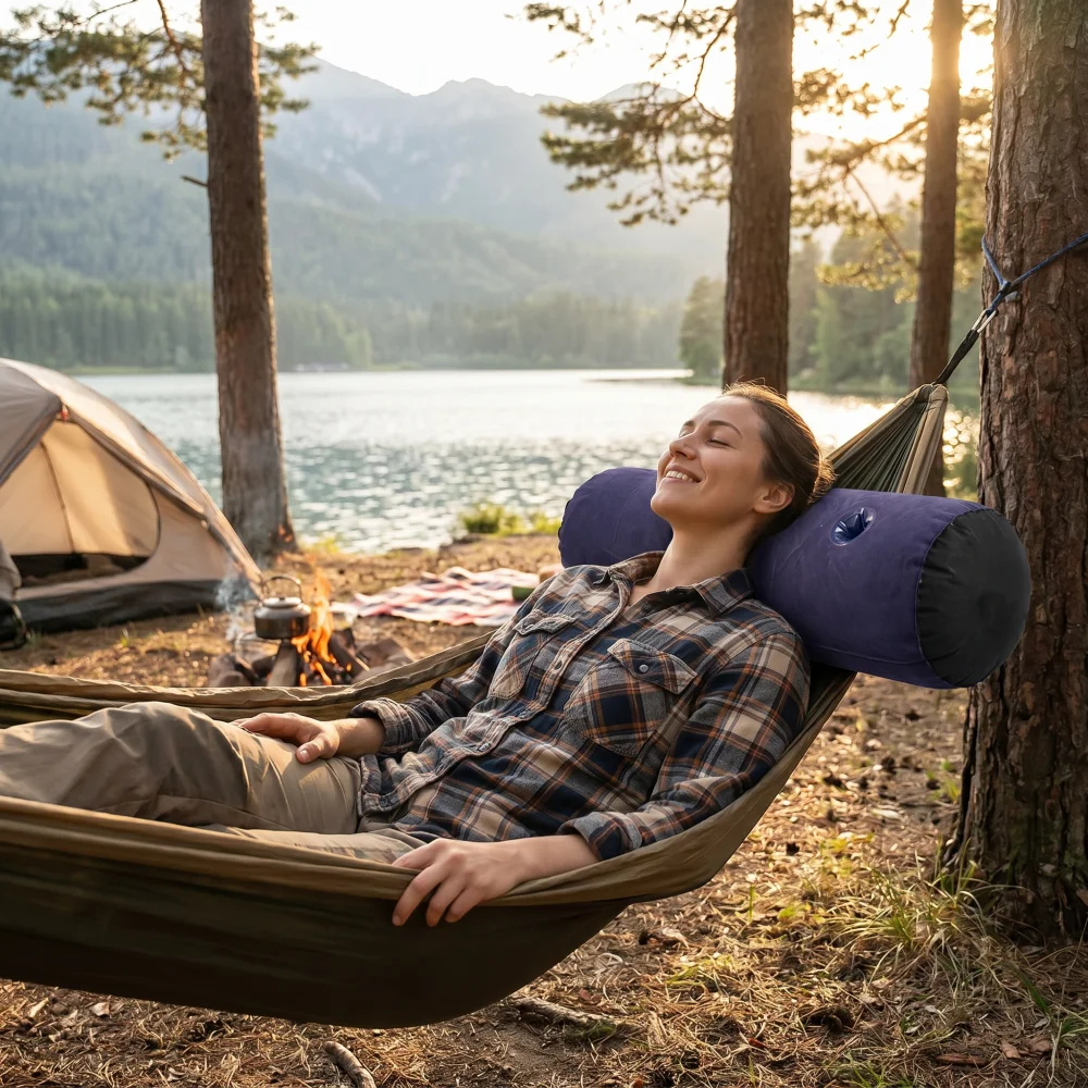 1 Stück Zylindrisches Aufblasbares Campingkissen, Weiches Beflocktes Nackenkissen für Outdoor-Reisen, Tragbares Nacken- und Lendenstützkissen – Detail 5