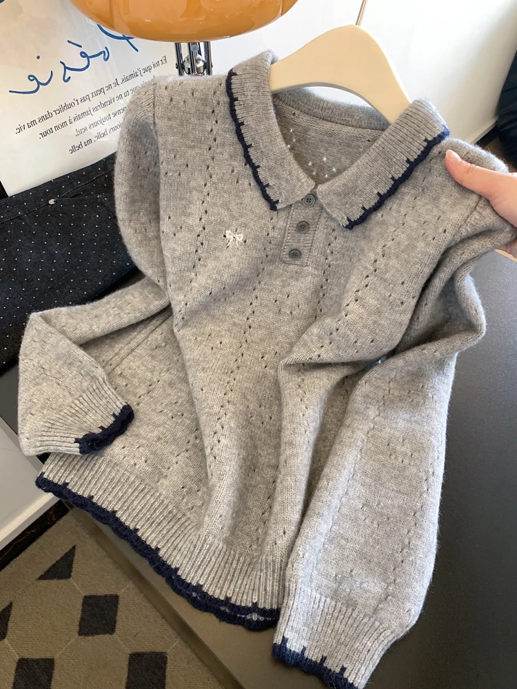 

Retro Heavyweight Color Blo Knitwear Women's Loose Casual Collared Sweater Spring Autumn Faionable Youthful Top