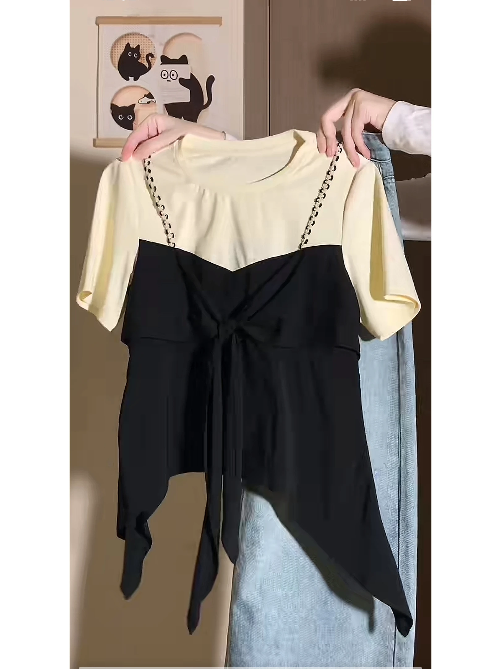 تي شيرت نسائي صيفي بأكمام قصيرة بتصميم قطعتين وهمي، مقاس كبير، يغطي البطن ويمنح مظهراً نحيفاً، مناسب للارتداء اليومي