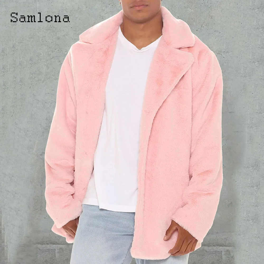 2025 Winter Wool Blend Jackets Pink Soft Plush Coats Men's Basic Top Outerwear Plus Size Mens Vintage Pocket Design Jacket New