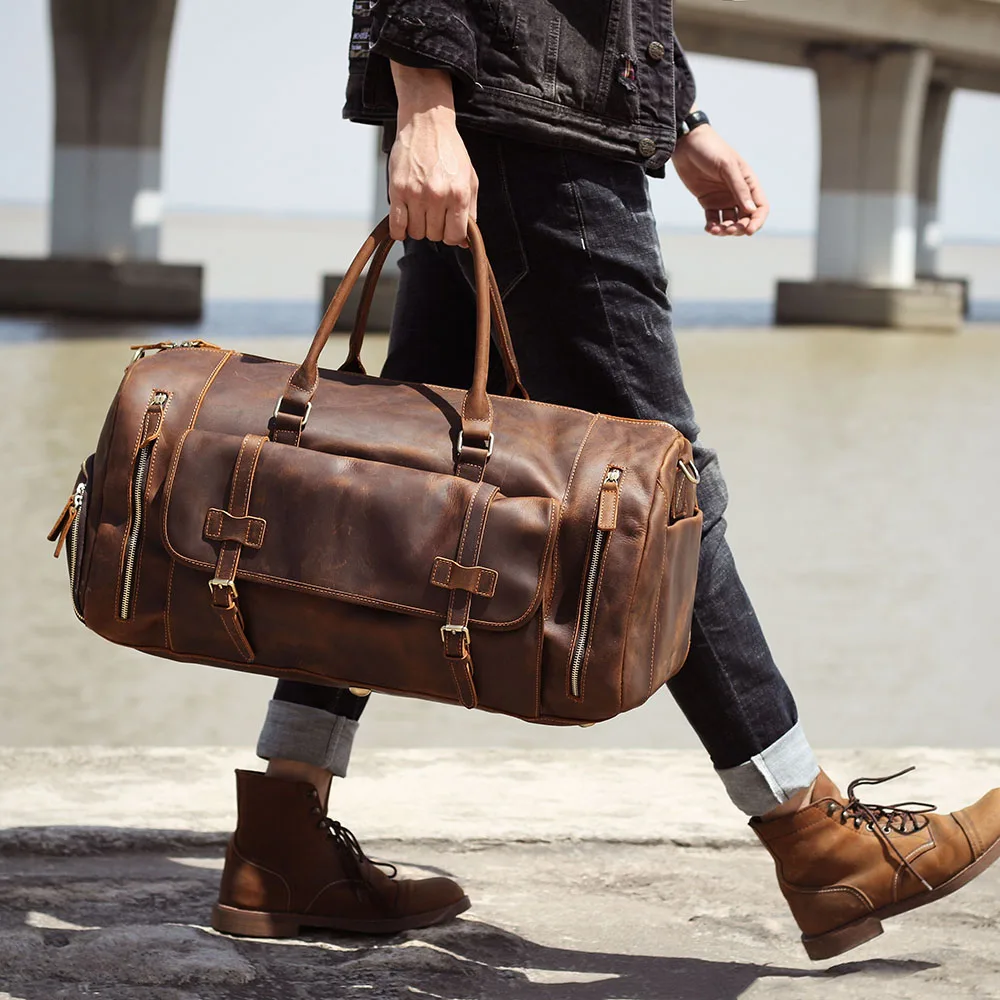 S.WORKER Luxuriöse Reisetasche aus Vollnarbigem Rindsleder im Vintage-Stil, Große Handgepäcktasche – Detail 4