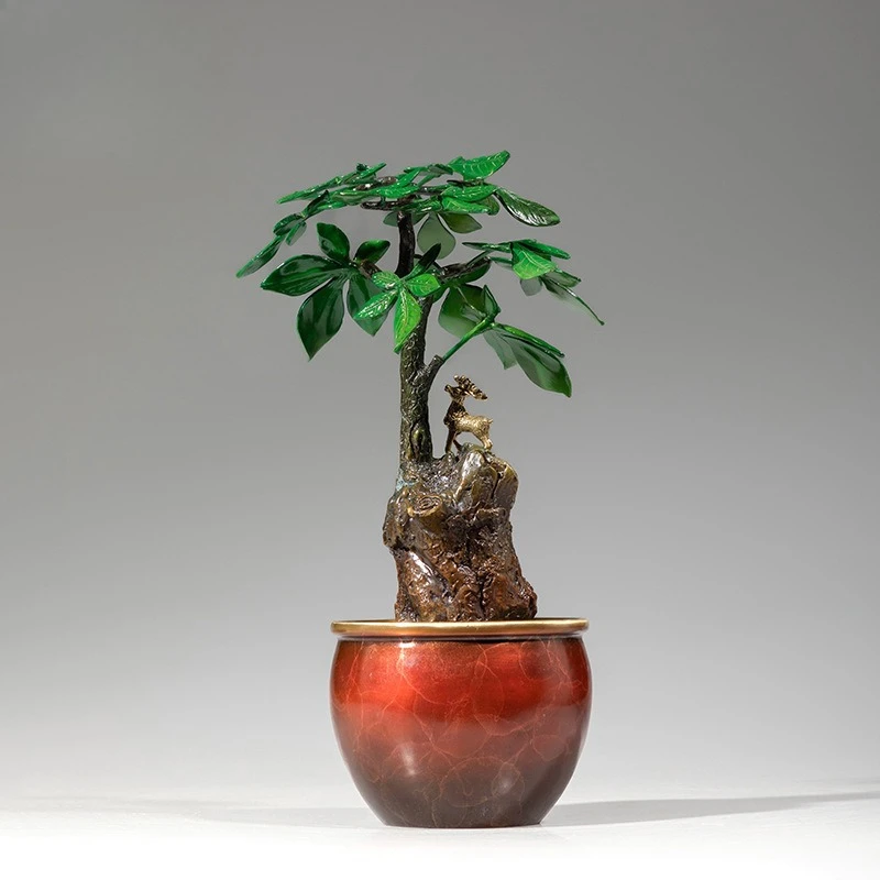 Fortune Tree Brass Ornament Simulation Green Plant Lucky Tree Bonsai Tea Room Potted Plant Brass Craft Ornament