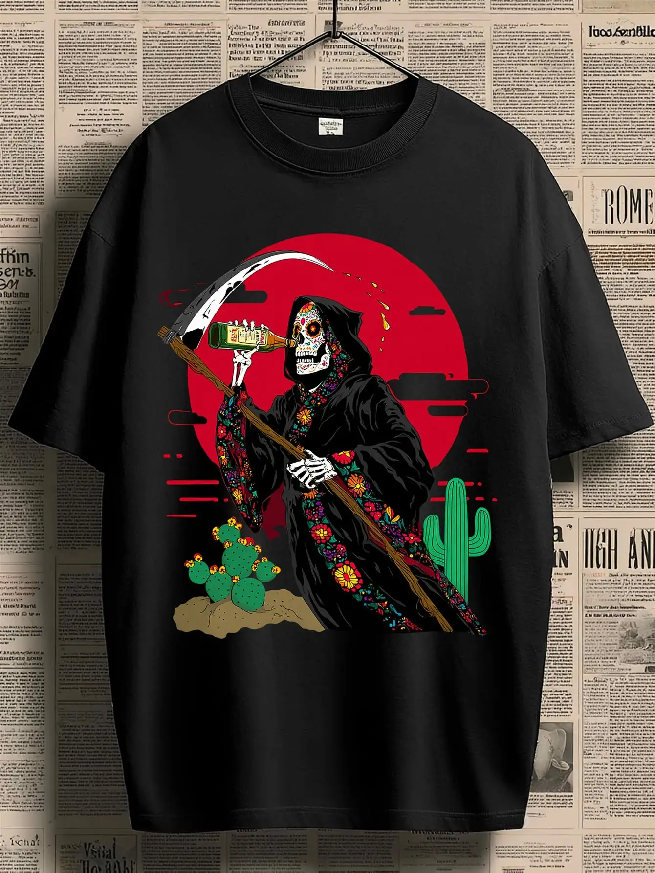 T-shirt graphique vintage pour hommes, Grim Reaper buvant de la bière et de la tequila, inspiré du Jour des Morts mexicain, La Calavera Catrina Des