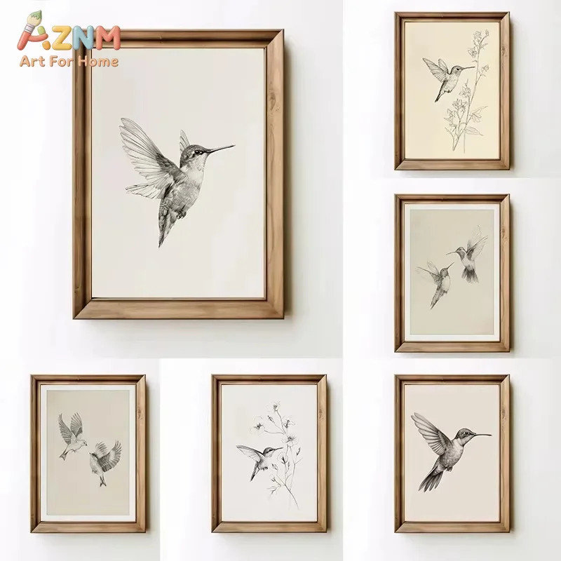 Retro Minimalist Hummingbird Sketch Bird Animal Drawing Illustration Poster Canvas Painting Wall Art Pictures Home Decor