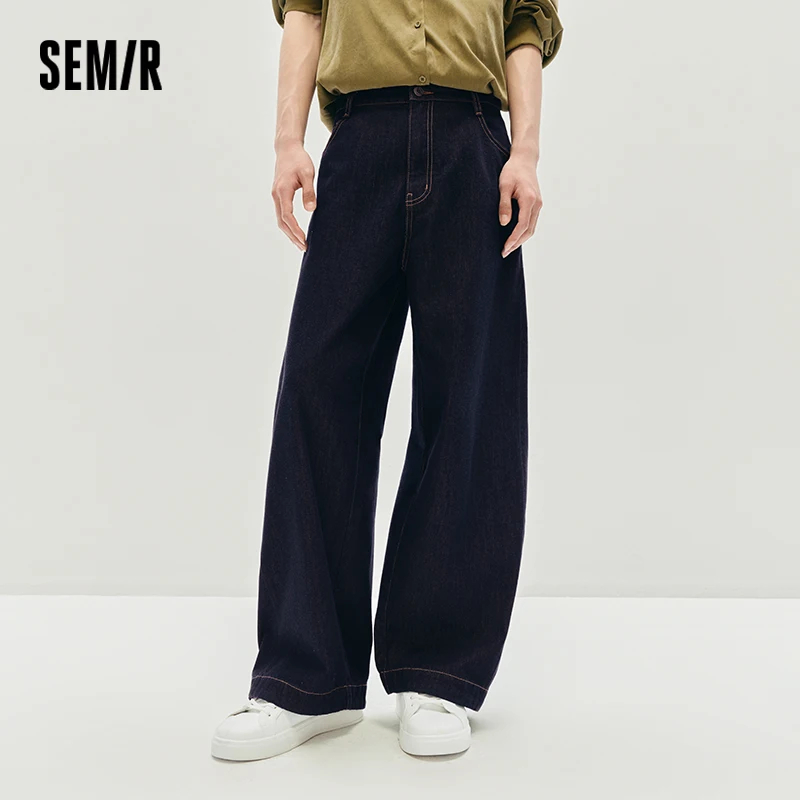 

Semir Men Jeans Loose Curved Wide Leg Dark Cuffed Hem Retro Casual Style Autumn Denim Pants Urban Daily Wear 2026