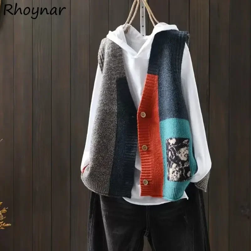 

Свитер-жилет женский винтажный на пуговицах контрастного цвета ретро женский вязаный свободный жилет без рукавов с v-образным вырезом весна-осень с принтом