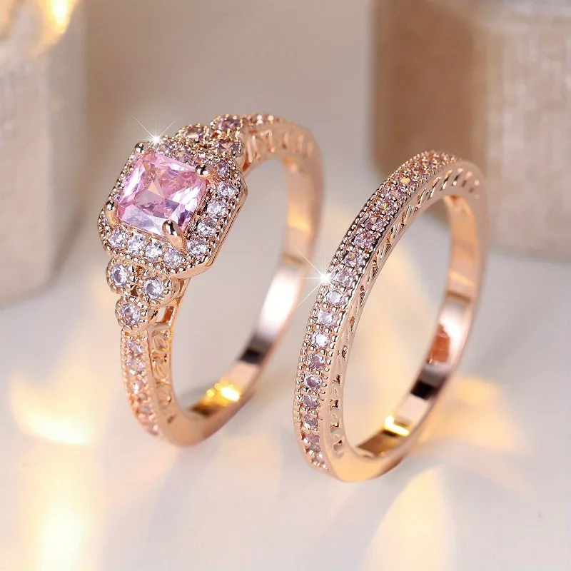Rose Gold Wedding Ring Set Princess‑Cut Pink Color Cubic Zirconia Halo Stackable Eternity Band Promise Women Jewelry Gift