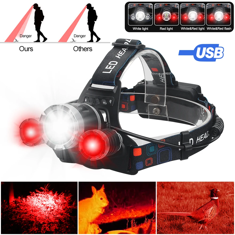 Hunting Headlamp Red+White Dual Light Rechargeable Fixed Focus Waterproof 4Modes Headlight Hunting Camping Hiking Working Light