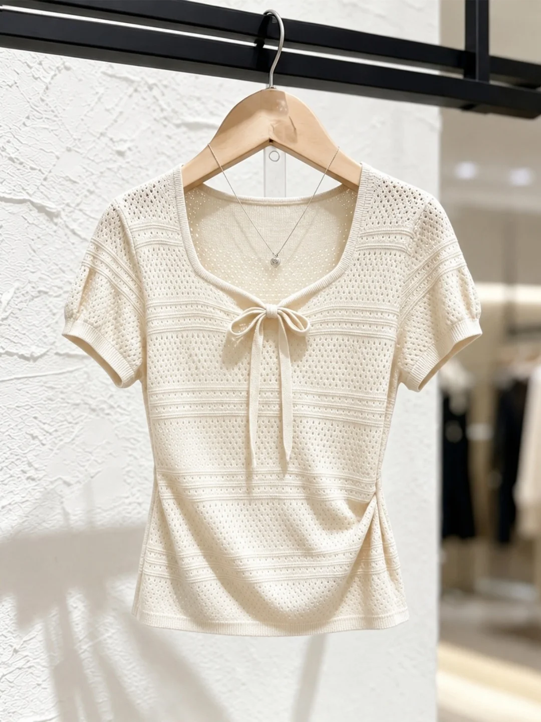 Korean Style Knot Belted Ice Silk Knitted Top Slimming Design Hollow out Versatile Women's Summer Fashion Silk Blouse