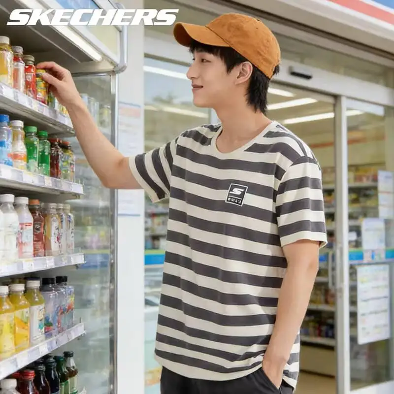 

Skechers Short Sleeve T Shirt Striped Crew Neck Small Chest Patch Casual Cotton Tee Bright White P225U122-0019 Latest model