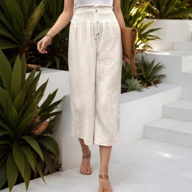 2026 Spring/Summer New Product Collection High Waist Cotton and Hemp Elastic Waist Head Loose Casual Wide Leg Pants for Women