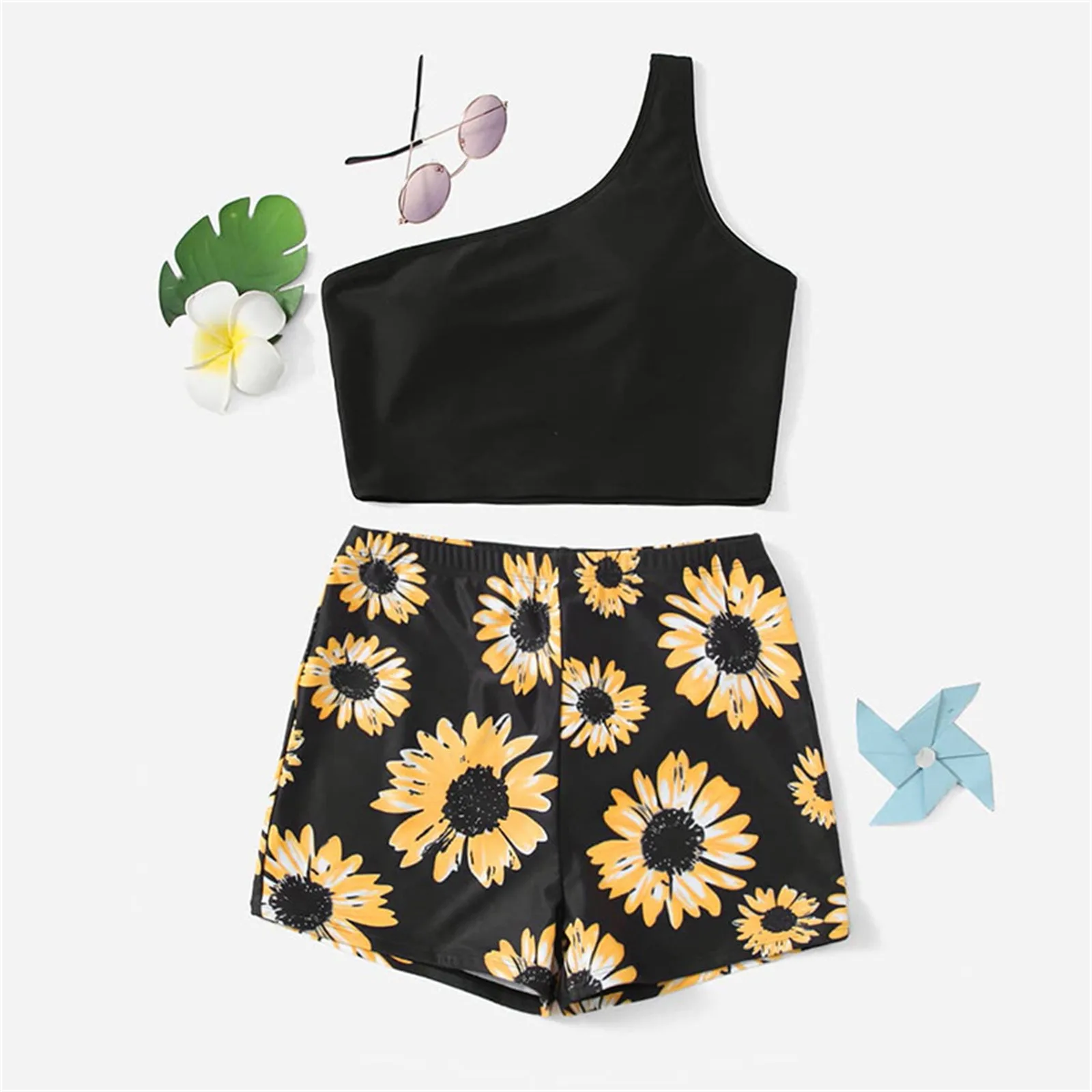 Sunflower Print Children Swimsuits Girls Two-piece Swimming Suits Black Swimwear Kids Beach Wear Girls Swimsuits Lovely Bikini