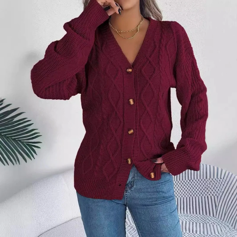 

Autumn Winter European and American Casual V-neck Lantern Sleeve Twist Button Cardigan Sweater , Comfortable Women's Clothing