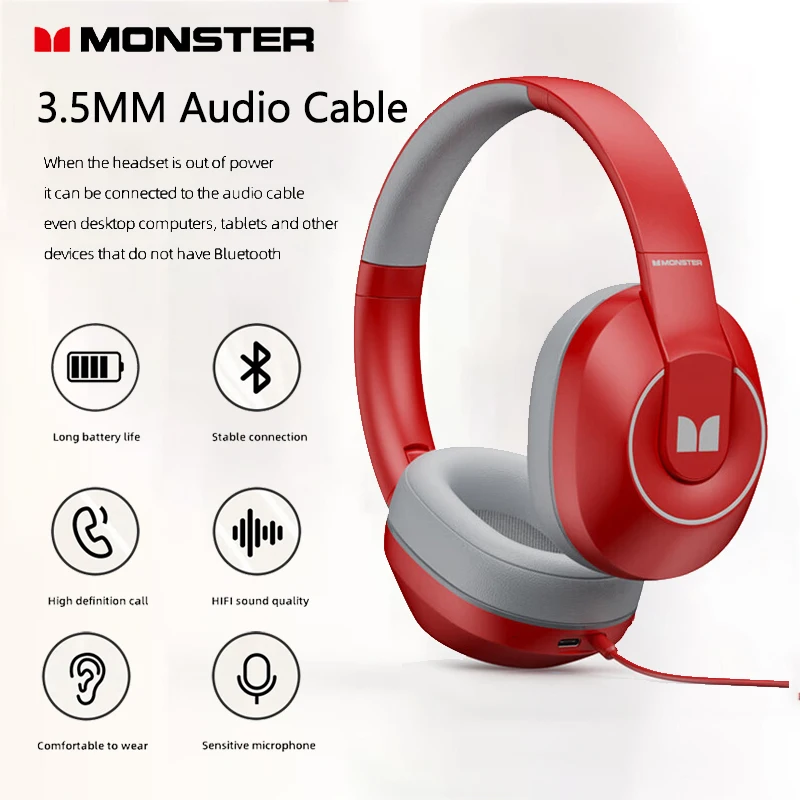 Monster XKH01 Wireless Bluetooth 5.3 Headphones Hifi Music Earphones Noise Reduction Hd Low Latency Gaming Sports With Mic  2023