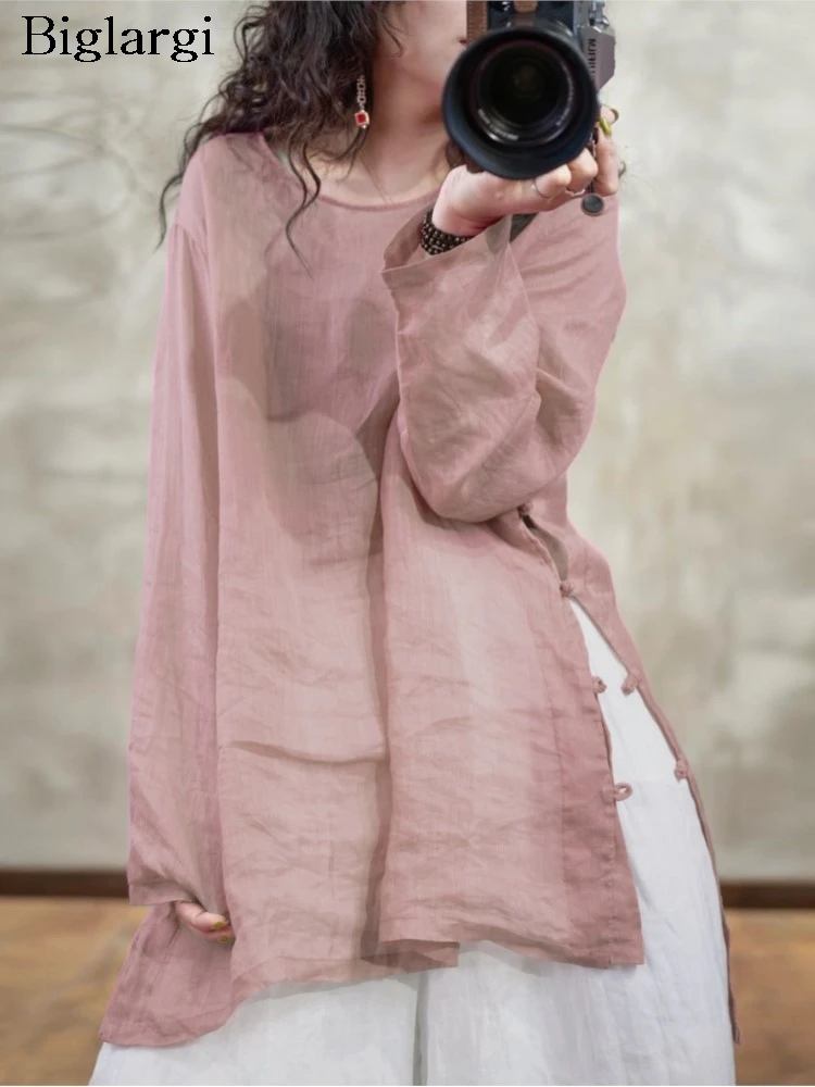 

Spring Summer Pullover Pink Cotton Linen Shirt Tops Women Loose Fashion Ladies Blouses Casual Long Sleeve Woman Tops