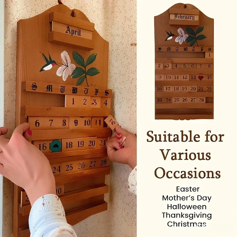 Hummingbird Pattern Wooden Block Calendar Perpetual Wooden Reusable Date Display Manually Adjust Date Slider Desk Calendar