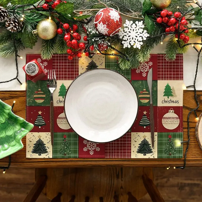 VIKAMA Patchwork Christmas Placemats, Xmas Ornament Tree Snowflake Placemats for Dining Table Home Kitchen Holiday Party Decor
