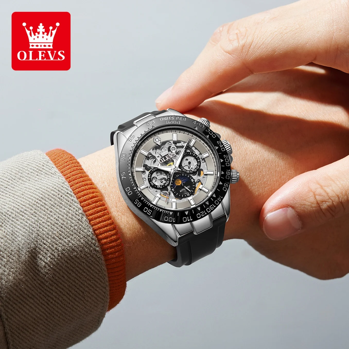 OLEVS 6713 ساعة رجالية مجوفة شفافة ثلاثية الأبعاد مخطط أوتوماتيكي ميكانيكي ساعات رجالية أصلية فاخرة مرحلة القمر ساعات للرجال #5