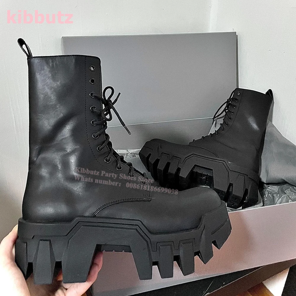 Botines de cuero genuino para mujer, botas con cremallera lateral, punta redonda, aumento de altura, cordones negros sólidos, moda de lujo, zapatos concisos, el más nuevo