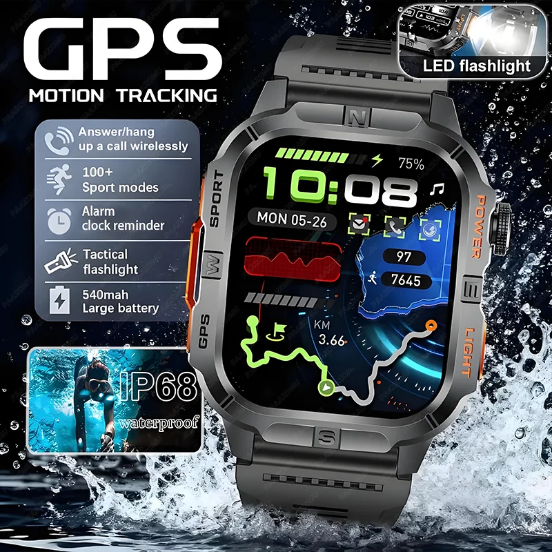 

Men'S Smartwatch with GPS, Compass, LED Flashlight, IP68 Dustproof & Waterproof, 540mAh Large Battery, Outdoor sports smartwatch