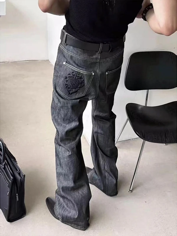 Retro American Embroidered Jeans Men's Original 13 Oz Flared Pants Lengthening Leg Effect Straight Cut Spring Season Jeans