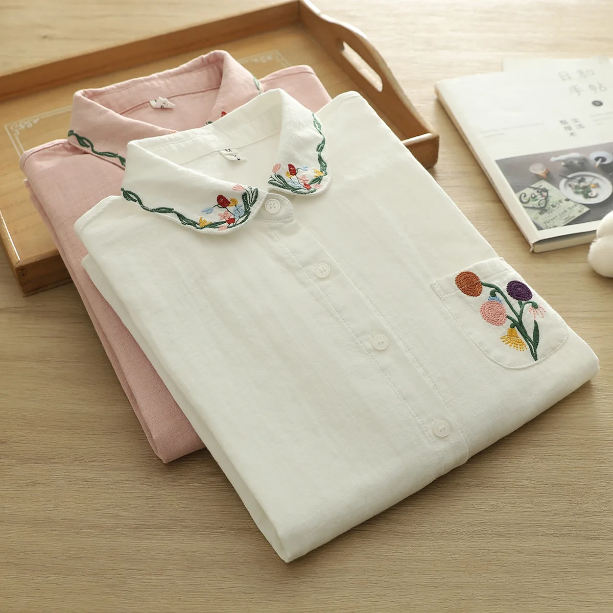 2027 Korean clothes ladies tops 100% cotton yarn white pink flower embroidery shirts and blouses women's elegant blouse