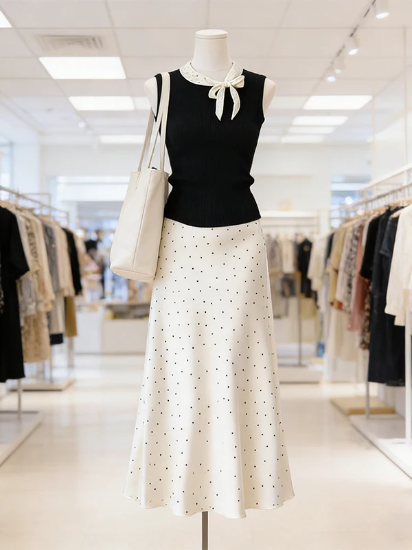 

Chic Anti-Aging Large Size Summer New Knot round Neck Sleeveless Polka Dot Half Skirt Two-Piece Set Women's Fashion