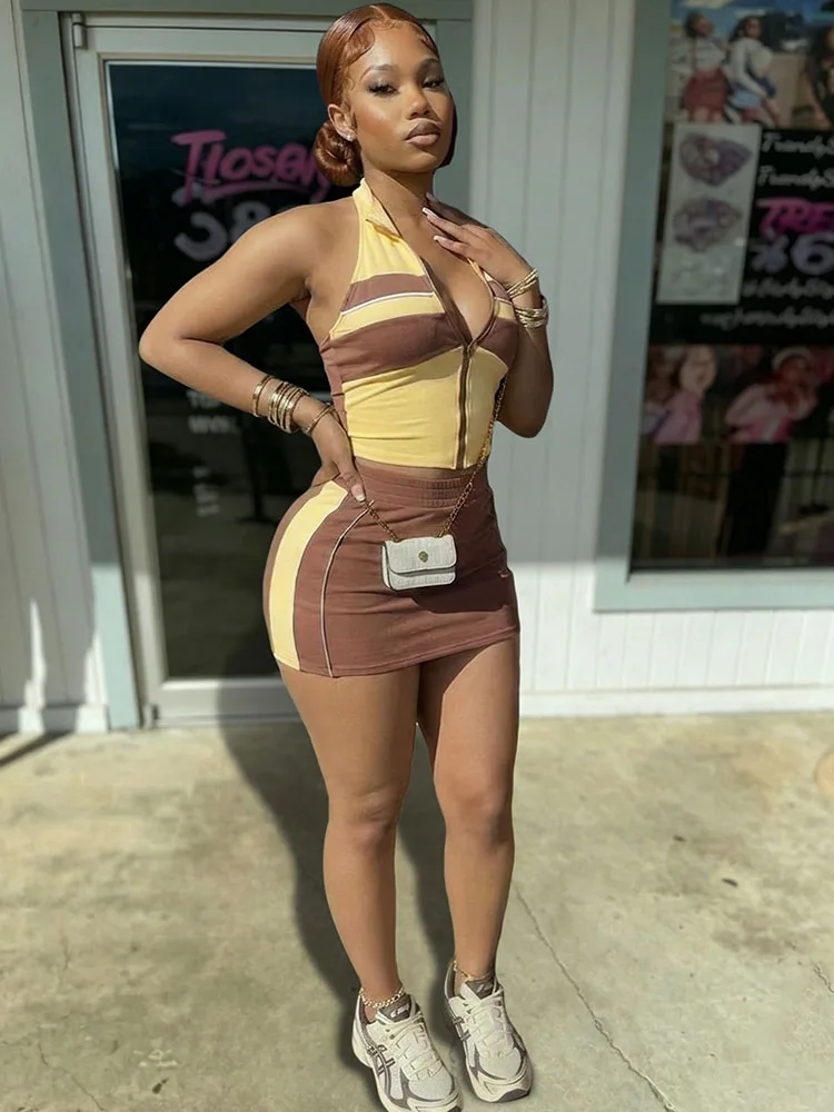 Doyerl Streetwear 2 Piece Set Woman Matching Sets Sports Striped Halter Backless Zipper Crop Top and Mini Skirt Sweat Suits
