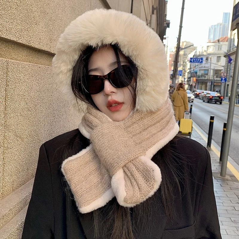 Hat Scarf Integrated Hat Autumn and Winter All-in-one Thick Warm Ear Protective Hat One-piece Plush Bib Cold Thunder Cap