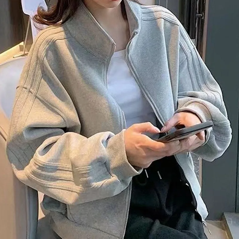 Short Sports Coat Women's 2024 New Autumn and Winter Jacket Stand Collar Cardigan Lazy Style Baseball Uniform Top