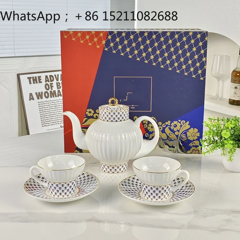 SCY classic white cobalt blue wreath bone china high-end exquisite coffee cup saucer tea set teapot set